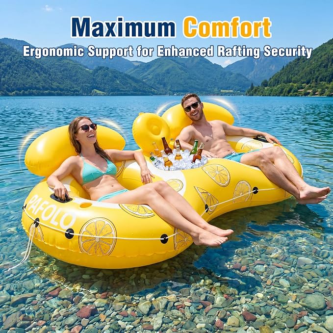 Pool Float Adult,2-Person Large Inflatable River Float, XL River Tubes for Floating Heavy Duty with Mesh Bottom, Comfortable Backrest & 2 Cup Holders & Durable Grab Handles,600 lbs Weight Capacity
