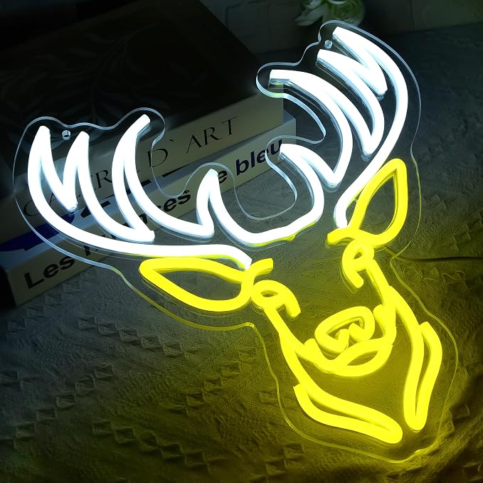 Deer Head Neon Sign for Wall Decor Deer Led Anime Neon Light for Man Cave | Dimmable Neon,Birthday Anime Gifts,5V USB Powered,Hunting Club,Bar,Shop Decor, Teen Boys Bedroom,Church Wall Art,13.3*14.1in
