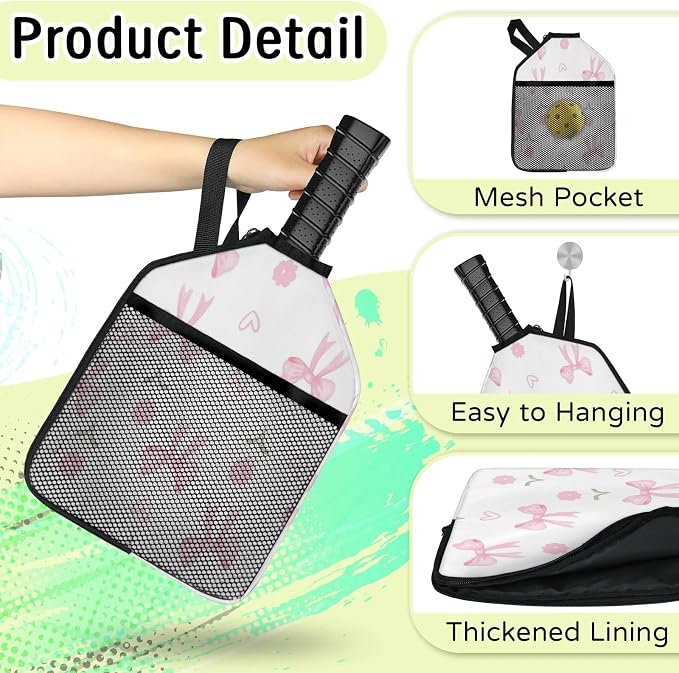 Flowers Bows Pickleball Paddle Cover Racket Sleeve Bag with Handle Strap Mesh Pocket 12.4 × 9.45 Inch Universal Fit for USAPA Standard Paddles for Outdoor Travel 2 PCS