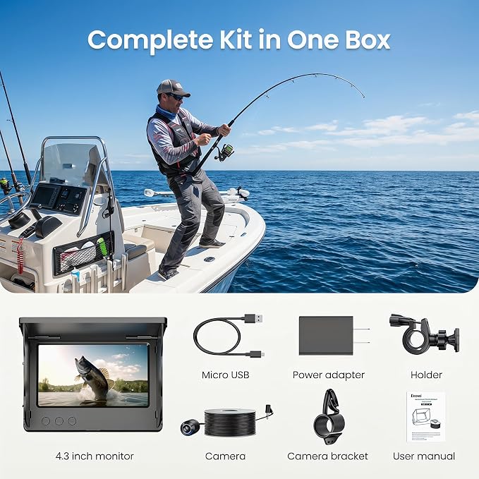 Eyoyo Underwater Fishing Camera with 4.3" LCD Monitor | 65ft Cable, 8 IR Night Vision Lights, 195° Wide Angle Lens, 5000mAh Battery, for Ice, Lake, Boat & Kayak Fishing