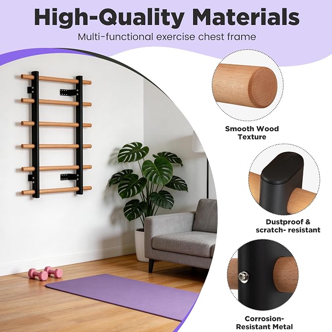 Half Height Swedish Wall Ladder Stall Bar, Space Saving Wall Mounted Solid Wood Steel Stretch Training Bar for Small Apartment Home Gym Yoga Physical Therapy