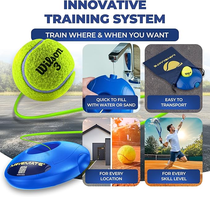 MOVEMATE Tennis-Trainer Set with Wilson® Tennis Ball | Innovative Ball Game for Outdoors, in The Garden, in The Park for Children & Adults | Incl. Transport Bag & Exercise Videos