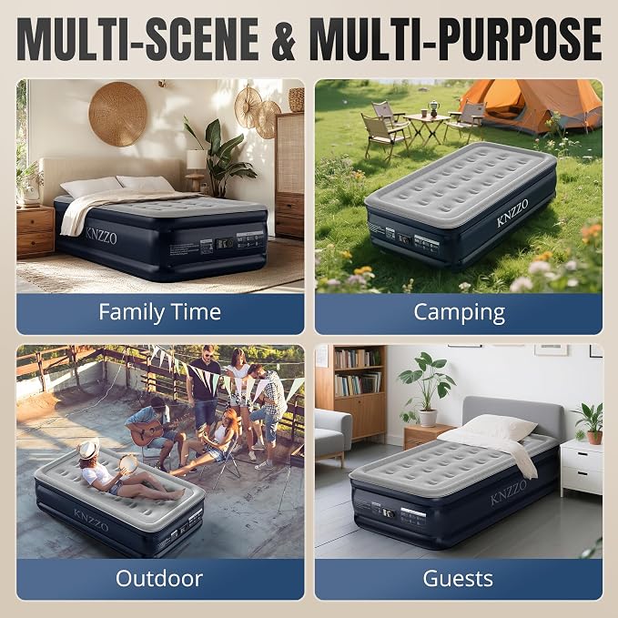 KNZZO Twin Air Mattress with Built-in Pump, 18" Top Inflatable Mattress with Waterproof Flocking Fabric, Three-Minute Quick-Inflatable Bed. Portable Blow Up Mattress for Home, Outdoor and Guests