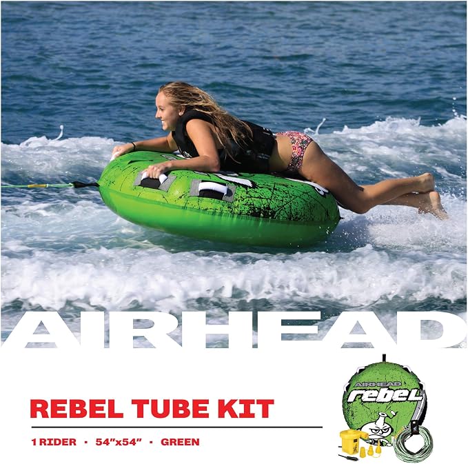 Airhead Rebel Towable Kit 1 Rider Tube with Rope and Pump, Kwik-Connect Tow, Double-Stitched Full Nylon Cover & Speed Safety Valve for Easy Inflating & Deflating
