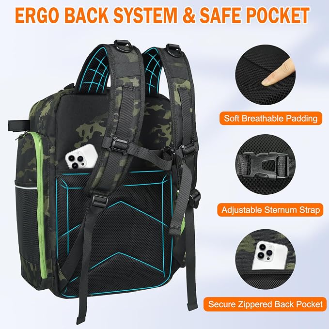 AYAMAYA Fishing Backpack, 40L Tackle Backpack with Rod Holders & 2 Tackle Trays, Large Water-resistant Fishing Bag Equipments