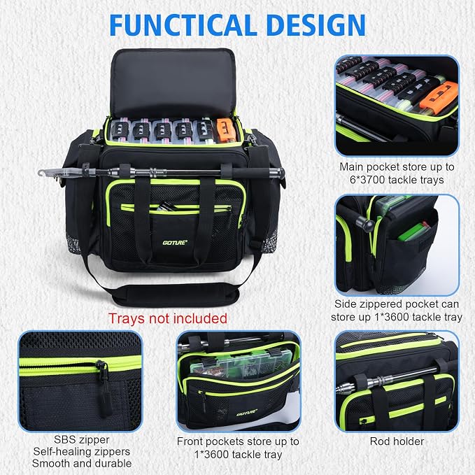 Goture Large Tackle Bag,600D Water Resistant Saltwater Fishing Gear Bag with IPX5 EVA Bottom,SBS Zippers,Store Up to 6PCS 3700 Plus 3PCS 3600 Tackle Trays(Not Included),Fishing Gifts for Men-Black
