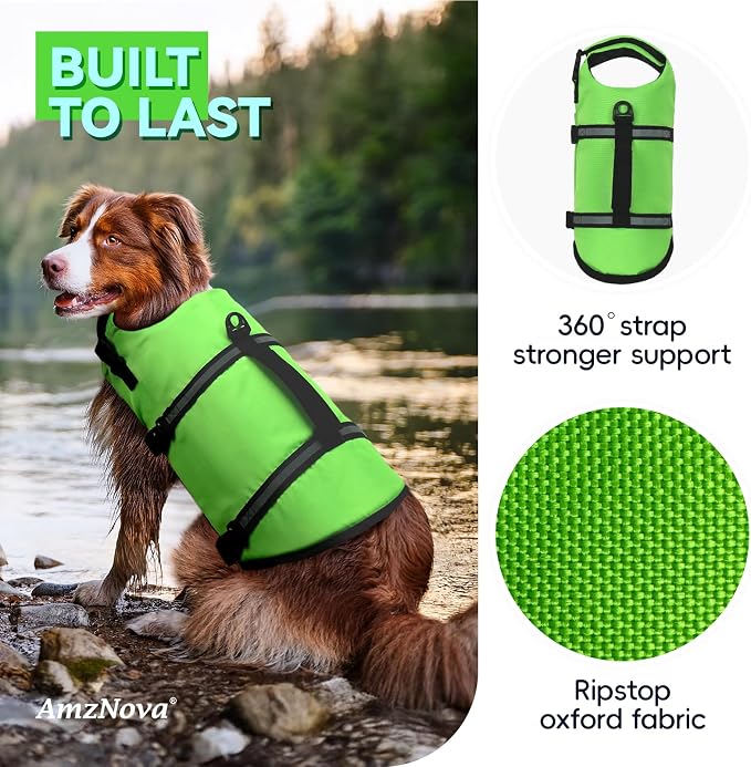 AMZNOVA Shark Dog Life Jacket + Rip Stop Dog Life Jacket, Durable Handle Reflective Buoyance