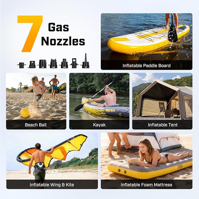 TOPUMP Electric Paddle Board Pump Portable, 20PSI Cordless Rechargeable SUP Pump with Auto-Off, Fast Dual-Stage Inflation & Deflation, 7 Nozzles for Kayaks, Boats, Tents