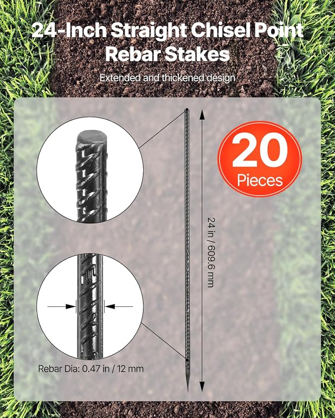 VEVOR Rebar Stakes, 24-Inch, Heavy-Duty 0.47 in Diameter, Straight Galvanized Steel Ground Anchors with Chisel Point End & Rust-Resistant Coating, for Gardening Support, Fence, Camping Tents (20-Pack)