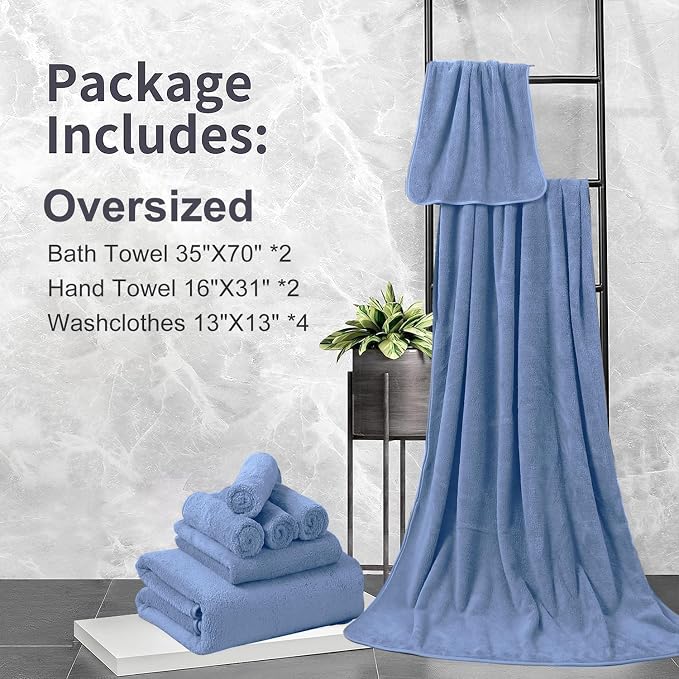 8 Pcs Blue Bath Towel Set,2 Pcs Oversized Towels 35x70 Inches 2 Pcs Hand Towel 4 Pcs Washcloth Bathroom Towel Quick Qry Ultra Soft Hotel Towels,Bath Sheets or Adults
