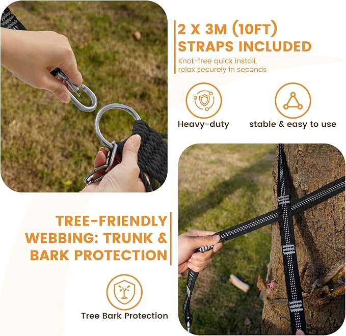 Lazy Daze Hammocks 13-FT Polyester Rope Hammock, Double 2 Person Traditional Hand Woven Outdoor Hammock with Spreader Bar, Carabiners, Tree Straps, Chains for Outside Patio- Max 450 Lbs, Grey