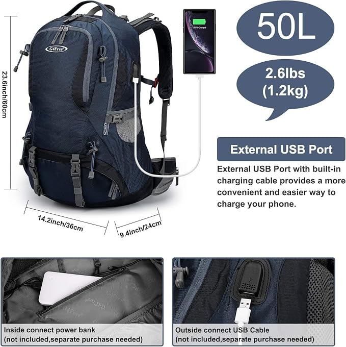 G4Free 50L Hiking Backpack Waterproof Daypack Outdoor Camping Climbing Backpack with Rain Cover for Men Women(Dark Blue)