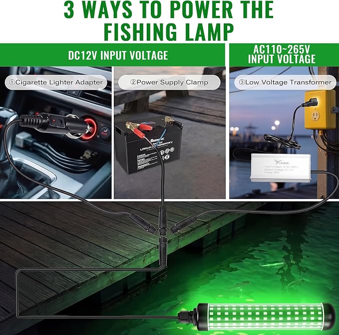 Tuanse Underwater Fishing Light with Timer & Remote 36W Green Super Bright LED IP68 Waterproof 30ft Cable for Night Fishing on Docks Boats & Kayaks (110V/12V/Car)