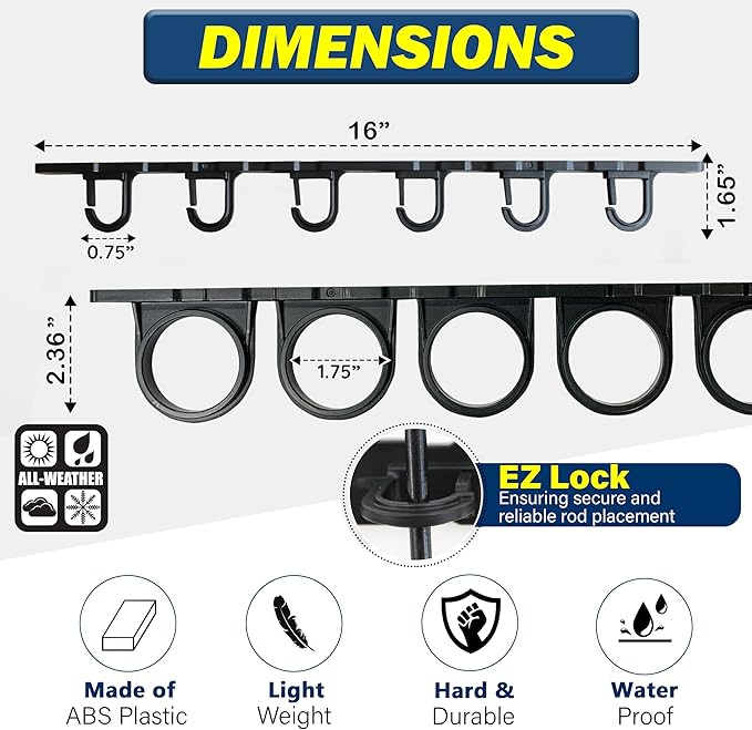 Rush Creek Creations Set of 4 Adaptable 6, 12, 18, or 24-Rod Horizontal Wall-Mount Fishing Pole Holders, Ceiling or Wall Fishing Rod Racks for Garage, Fits Most 0.12" to 0.75" Diameter Rods