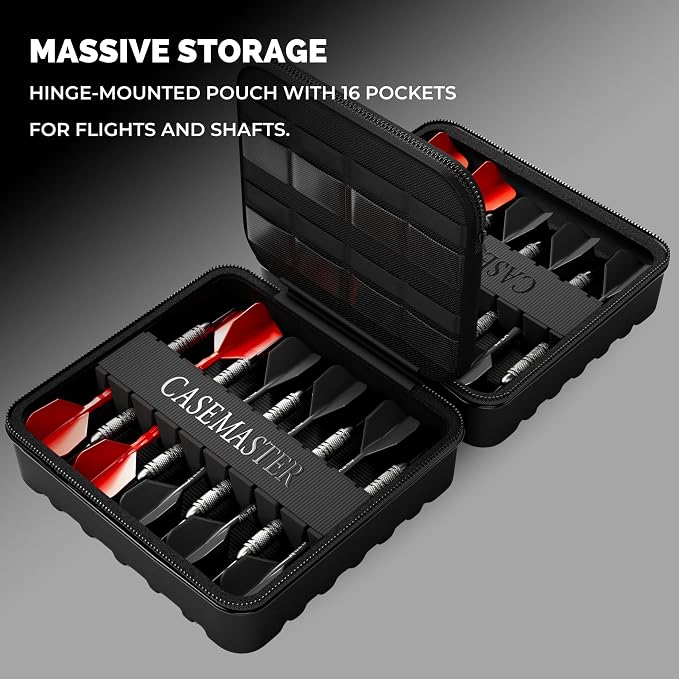 Casemaster Maxx 6 Dart Case, Holds 18 Steel Tip or Soft Tip Darts Fully Assembled, Hard Shell EVA Darts Case, 16 Accessory Pockets, Black