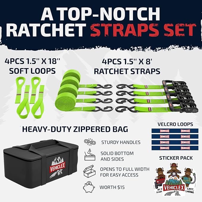 Vehiclex Motorcycle Ratchet Tie Down Straps with Soft Loops - 4PK Heavy Duty 1.5" x 8ft Kit, 4,400 lb Breaking Strength for Powersports, Green