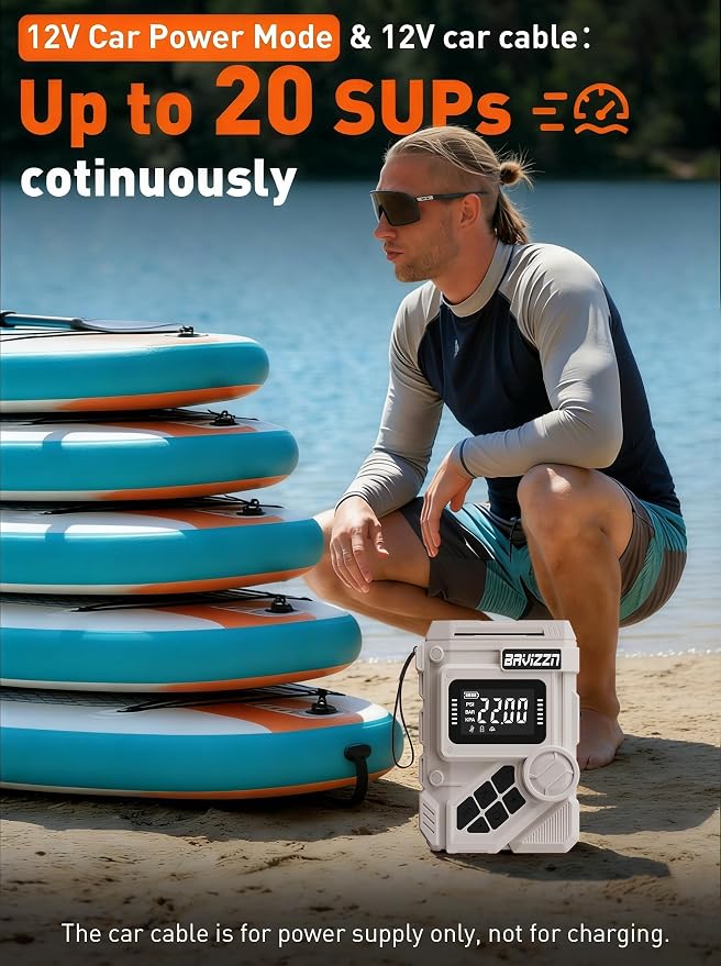 59.2Wh Rechargeable SUP Pump, 22PSI Electric Paddle Board Pump with Auto-Off & LCD, Dual Power (Battery/12V Car) & Type-C Input, Portable Inflator for Kayak Boat Inflatables Camping