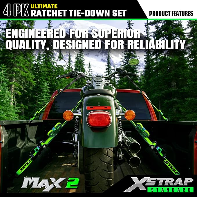 XSTRAP STANDARD 4PK Motorcycle Ratchet Straps, 1" x 15ft, 2,200 lbs Break Strength Tie Down Straps with Safety Lock S-Hooks, Soft Loop Straps and Stickers for Trucks, Cargo, Moving (Green)