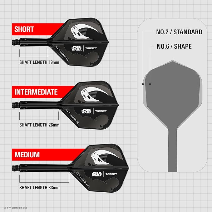 Target Darts Star Wars Mandalorian K Flex Integrated Dart Flights & Shafts | Character Inspired Pack of 3 K-Flex, No.2 & No.6 | Short, Intermediate & Medium Disney Kflex Accessories