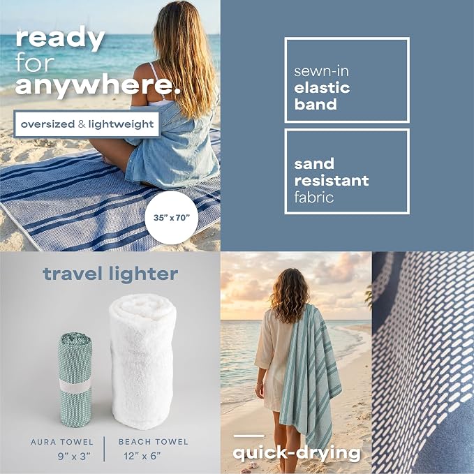 S&T INC. Aura Beach Towel 2 Pack, Quick-Dry Pool Towels with Elastic Band for Travel, Gym, and Yoga, Sand Resistant, 35 inches x 70 inches, Stripes