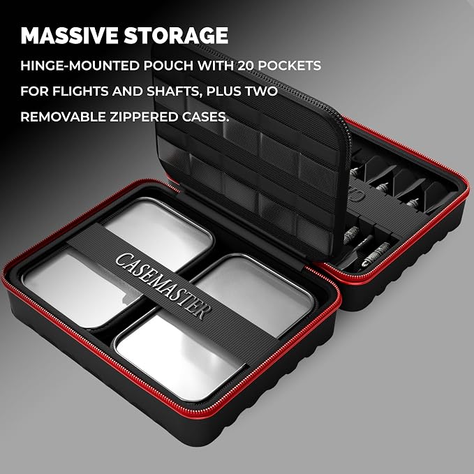 Casemaster Maxx 4 Dart Case, Holds 12 Steel Tip or Soft Tip Darts Fully Assembled, Hard Shell EVA Darts Case, 20 Accessory Pockets, Red