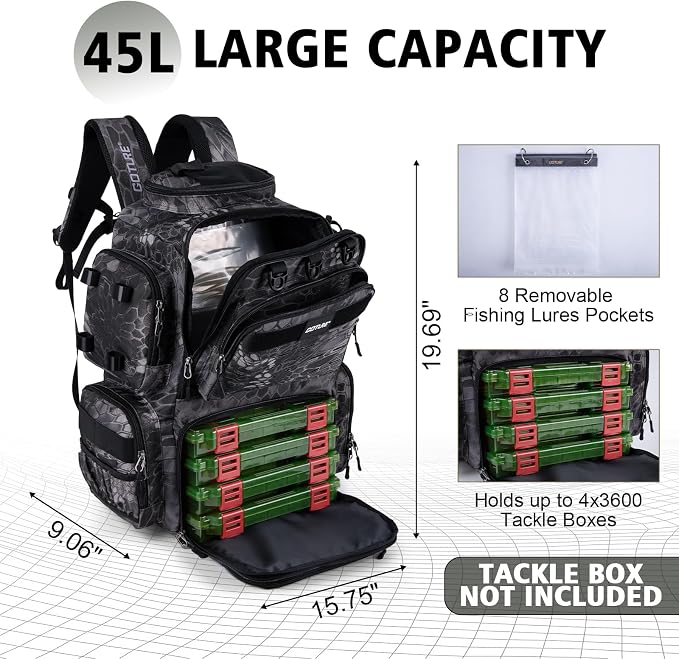 Goture Fishing Backpack,900D Water-Resistant Tackle Backpack with Rod Holders, SBS Zippers,45L Large Fishing Bag Storage Gear Tackle Bag with Rain Cover, Bottle Holder for Travel Camping Hiking
