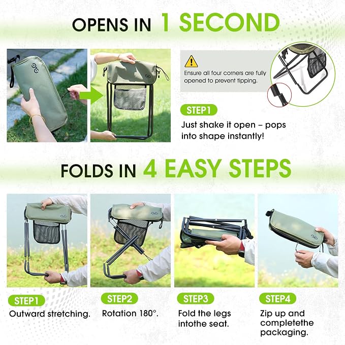 CAMDOOR Portable Collapsible Stool, 16″Folding Stool with 3 Side Pockets and Shoulder Strap, Extra Large Camping Chair Supports 400 lbs, Ultralight Portable Seat for Outdoor, Hiking, Fishing