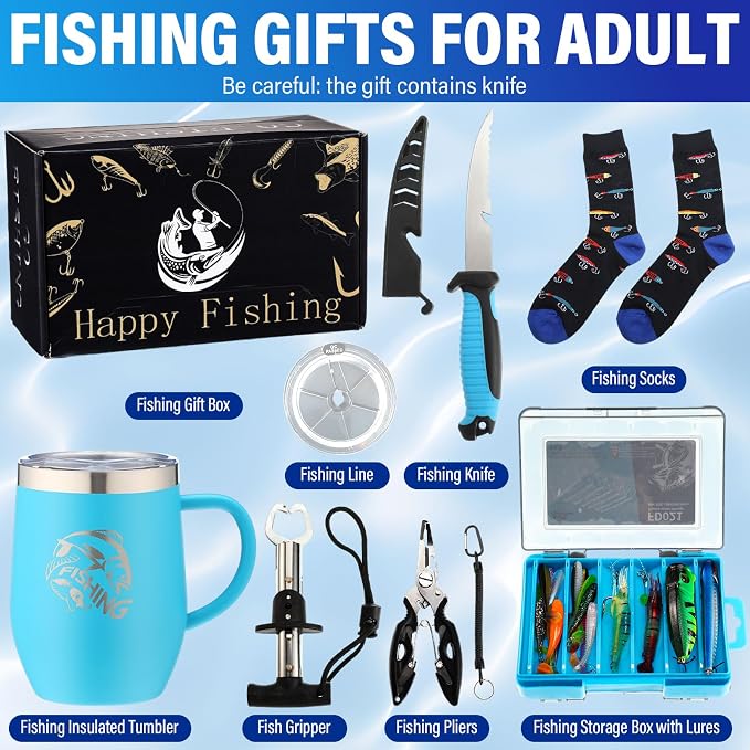 Patelai Fishing Gift Set for Men Dad Fishermen, 12 oz Insulated Tumbler, Fillet Knife, Fishing Pliers, Lanyard, Tackle Box, Fish Lip Gripper, Fish Lures, Socks, Line(Blue,Style 1)