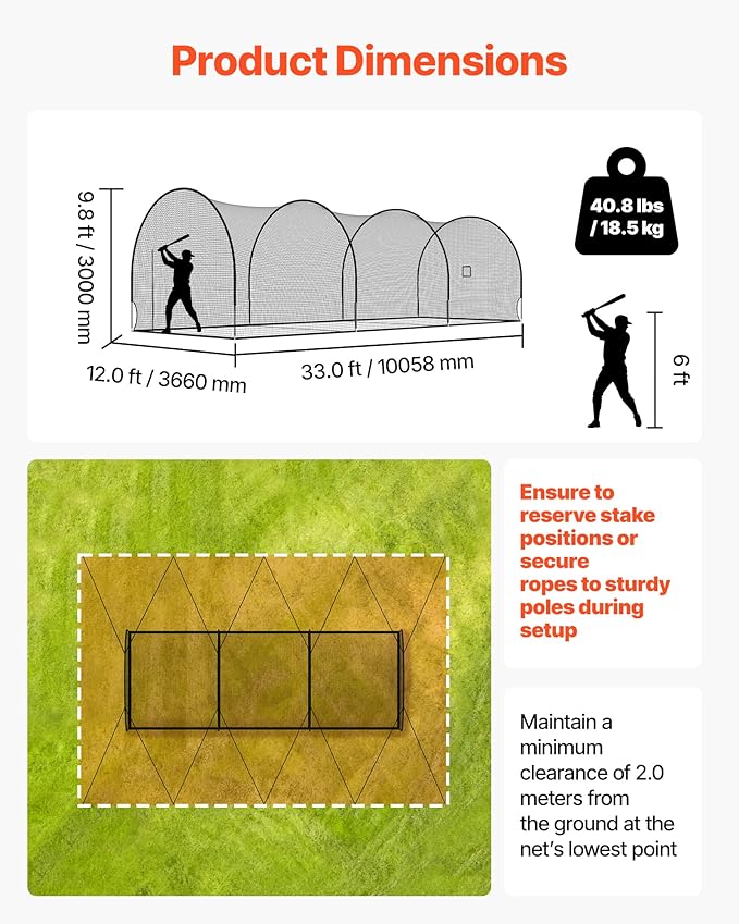 VEVOR Baseball Batting Cage,Professional Softball Baseball Batting Hitting Training Net,Heavy Duty Enclosed PE Practice Portable Pitching Cage Net&Carry Bag,for Backyard,Field,Indoor&Outdoor