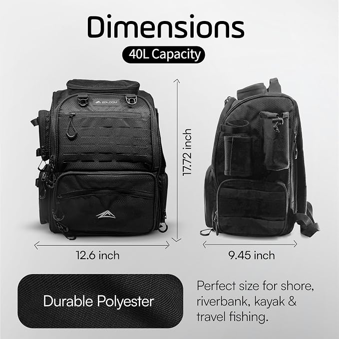 Waterproof Fishing Backpack with Tackle Boxes, Rod Holder & Foldable Net - 40L Fishing Tackle Bag with Trays Included, Extra Storage Gear and Equipment, Rain Cover, Fisherman Gift for Men