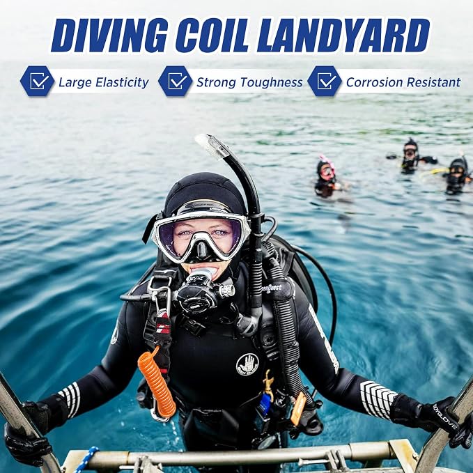 Scuba Retractable Lanyard, Stainless Steel Double-Clips and Spiral Core Anti-Lost Lanyard with Quick-Release Buckle