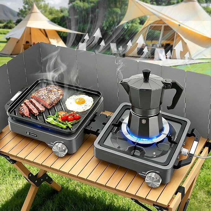 2-Burner Pro Camping Stove,24000 BTU Camp Stove,Foldable Propane Stove Includes Carry Bag,Windscreen Griddle, Portable Stove,Camping Essentials,Suitable For Outdoor Cooking,Tailgating,Grilling (Gray)