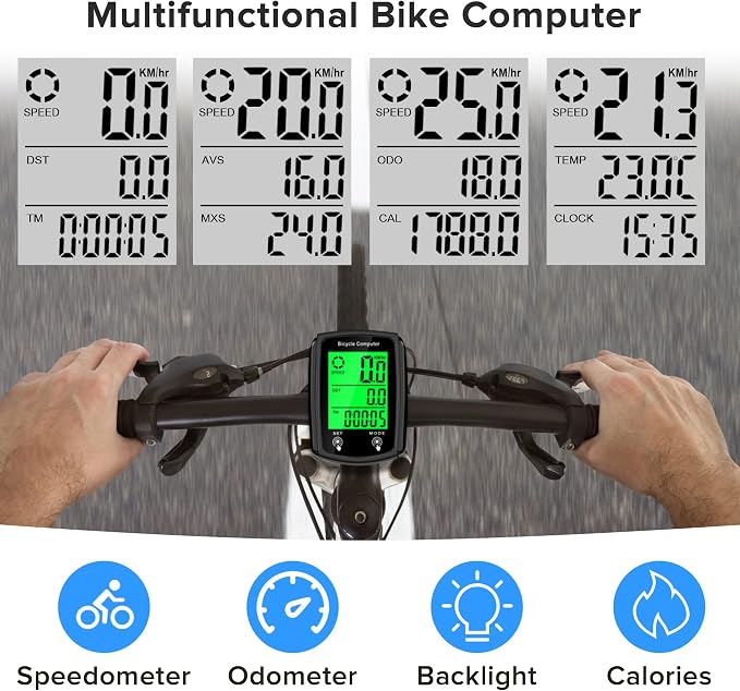 Bike Computer and Bicycle Odometer Wired MPH KM/H Bike Speedometer with Automatic Wake-Up Cycling Speed Tracker LCD Display & Single Mileage & Multi-Functions Accessories