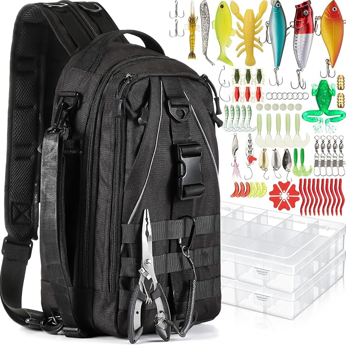 RoundFunny 85 Pcs Fishing Backpack with Tackle Boxes, Tackle Sling Bag with Rod Holder, Fish Lures and Pliers, Fish Tools Gears & Equipment Father's Day Fishing Gift for Dad Men