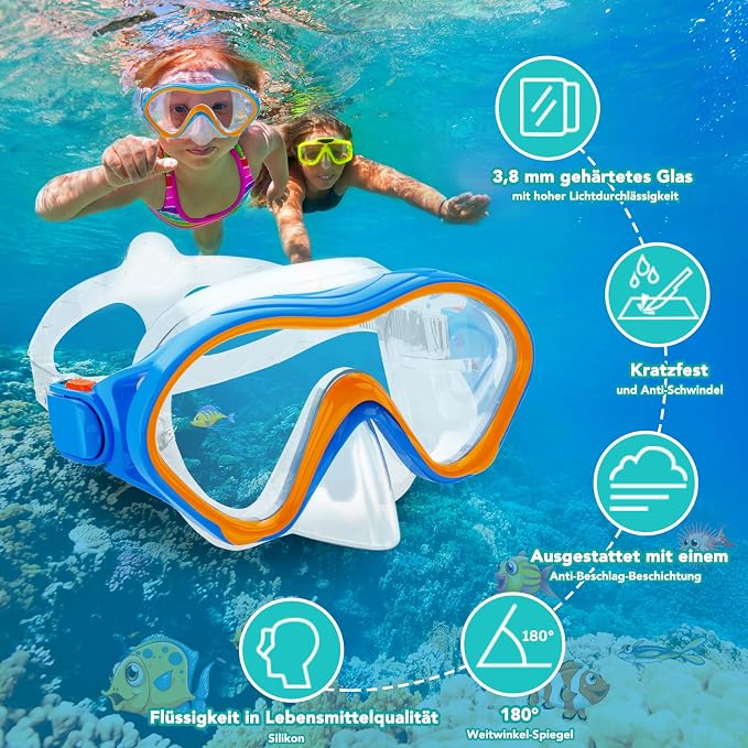 Snorkeling Gear for Kids with Foldable Silicone Full Dry Snorkel, Kids Snorkel Set Anti Leak Youth Junior Snorkeling Package Diving Mask Soft Tube with Mesh Bag Scuba Swimming Goggles