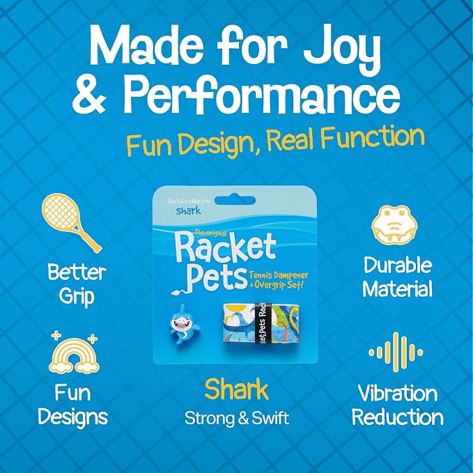 Racket Pets Kids Tennis Racket Dampener & Matching Overgrip Tape, Performance Shock Absorbing Dampener for Tennis Racket & Fun Animal Print Tennis Wrap Grip Tape