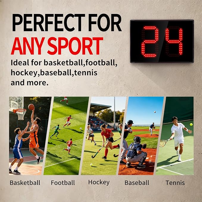 Basketball Shot Clock with Tripod & Remote Control - 98ft Range | LED Countdown Timer, 5-Level Brightness, Adjustable Buzzer, Battery or Plug-in, 12/24/25/30/35/40 Seconds for Coach & Referee