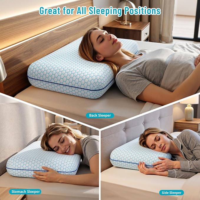 CushyOasis Memory Foam Pillows for Side, Set of 2, Back and Stomach Sleepers, Bed Pillow with Breathable Mesh and Washable Cover, Bed Pillow for Sleeping (Blue, Queen Size)
