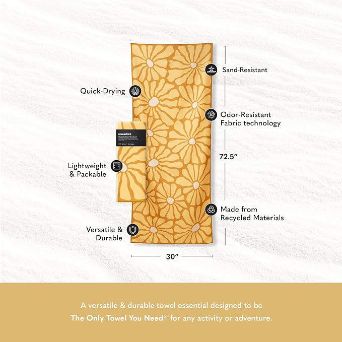 Nomadix Original Towel - Perfect for Beach, Pool, Travel, Camping, Yoga - Made with Recycled Materials - Super Absorbent - Sand Resistant - Lazy Daisy Gold - 72.5x30