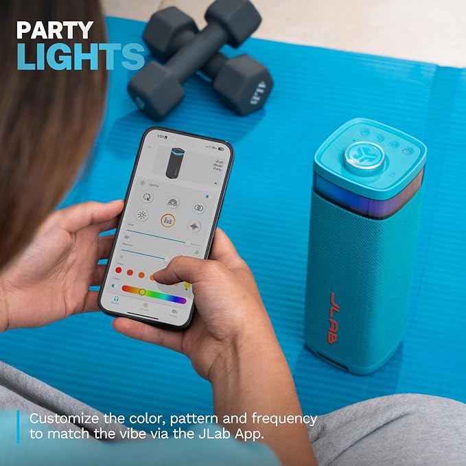 JLab, JBuds Party, Portable Bluetooth Speaker, Waterproof Outdoor Speaker, RGB Lighting, Multi-Speaker Connect, Cyan