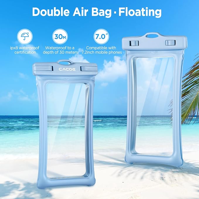 CACOE [Floatable] Floating Universal Waterproof Phone Case 2 Pack-Up to 7.0",Phone Pouch with Adjustable Neck Lanyard,IPX8 Cellphone Dry Bags for Vacation Water Activities（Black+Light Blue）