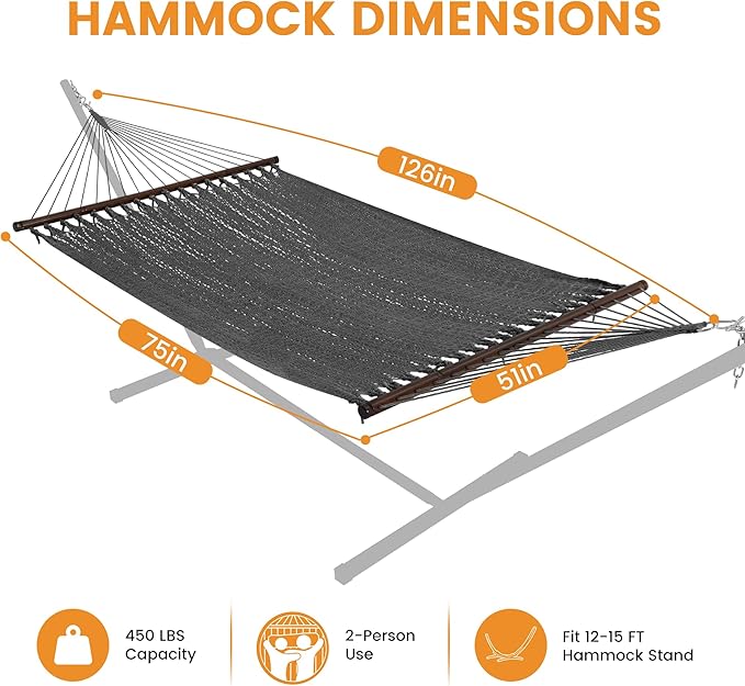 Lazy Daze Hammocks 10.5 FT Double 2 Person Caribbean Rope Hammock, Hand Woven Polyester Hammock with Spreader Bars, for Outside Outdoor Backyard Patio Poolside, 450 LBS Capacity, Gray