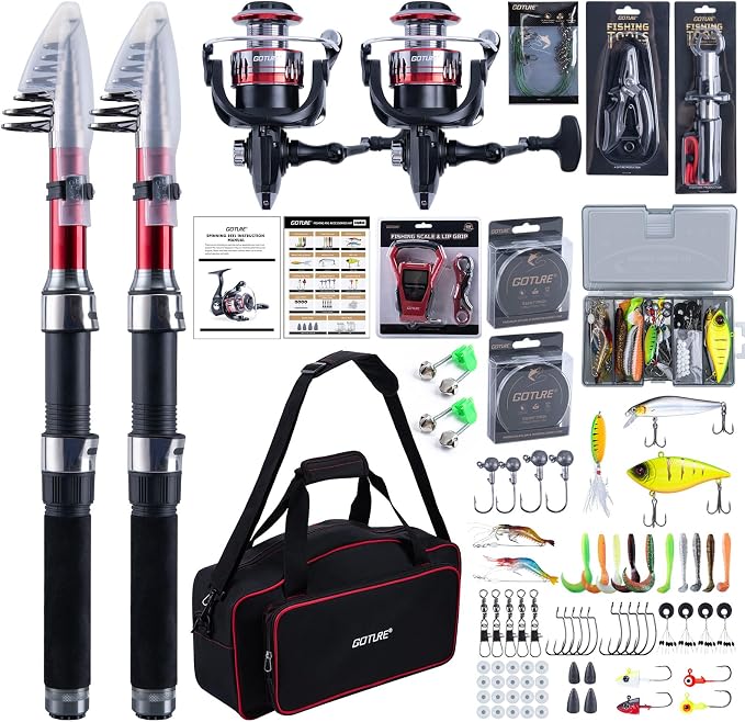 Goture 2-Pack Fishing Rod and Reel Combo with Carrier Bag,1.8M-2.7M | 2PCS Telescopic Fishing Pole,2PCS Spinning Reel,Line,Lures,Pliers,Gripper, for Saltwater and Freshwater Travel,Starter Kit