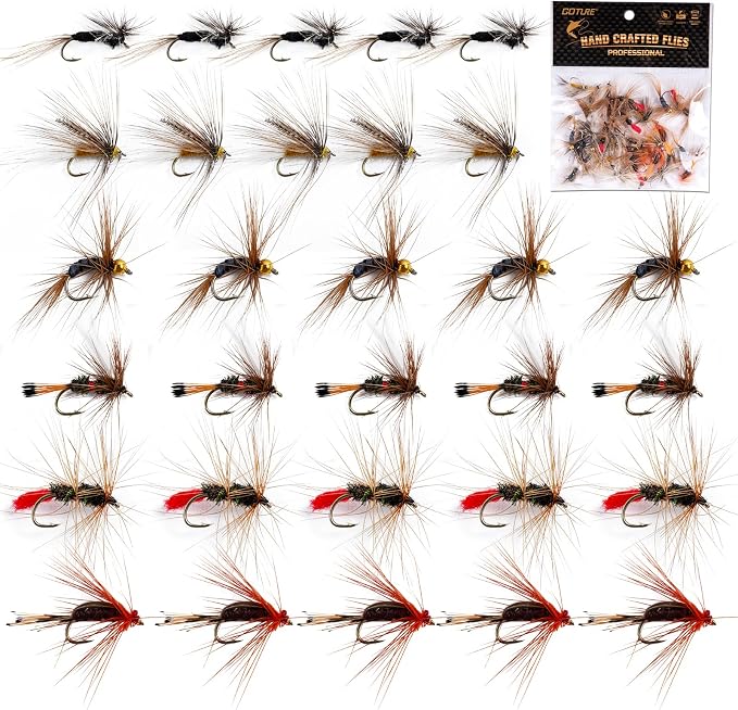 Goture Fly Fishing Flies Kit,25pcs/30pcs/100pcs Fly Fishing Lures,Dry Flies Wet Flies Streamers Nymphs Flies, Fly Fishing Assortment Kit for Bass Trout Salmon Fishing