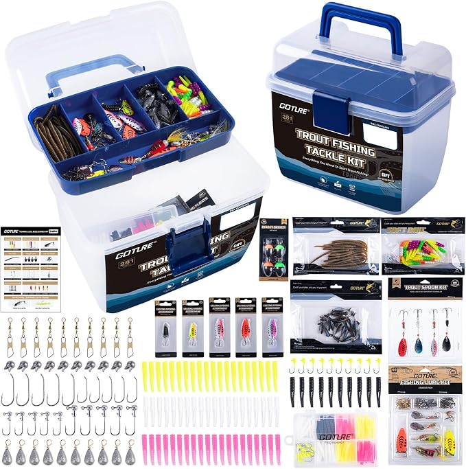 Goture 2-Layer Fishing Tackle Box with Trout Fishing Lures Kit Included, Portable Tackle Organizer with Hooks Sinkers Spinners & Soft Baits, Ideal Fishing Gifts for Men Anglers