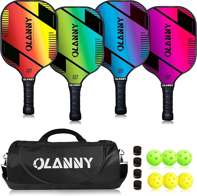 OLANNY Graphite Pickleball Paddles Set- Premium Rackets Fiber Face & Polymer Honeycomb Core Pickleball Set Includes Pickleball Paddles + Pickleball Balls+ Replacement Soft Grip + 1 Bag