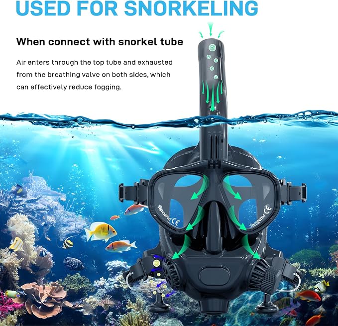 Full Face Dive Mask Support Diving & Snorkeling, Full Face Snorkel Mask Adjustable Scuba Mask with Camera Mount Provide 180° View Panoramic Compatiable with SMACO 1L/1.9L Mini Scuba Tanks