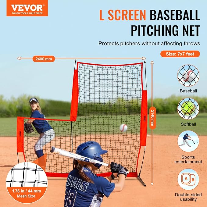 VEVOR Batting Screen - Baseball & Softball Protector with Carry Bag & Ground Stakes, Pitching Net for Pitchers Protection