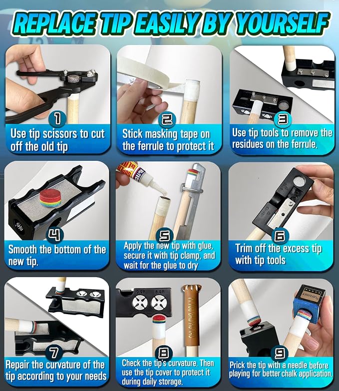11-in-1 Pool Cue Tip Repair kit, Professional All-in-One pool stick Tip Tool for Shaping, Replacement, Maintenance. Tips Shaper & Scuffer kit, Pool Cue trimmer - For Billiards Enthusiasts & Pros