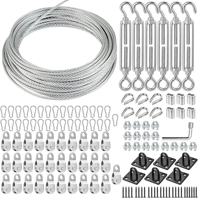 20FT Batting Cage Cable & 21 Pulleys & 21 Spring Hooks Kit, Heavy Duty Retractable Batting Cage Netting Net Wire Tension Hanging Kit, Batting Cage Frame for Indoor & Backyard, DIY Baseball